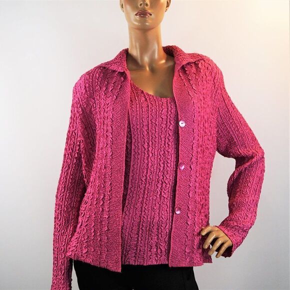 Fuchsia 2 Piece Set Purple Crinkled Twin Set Packable Travel Sz L Tank w Jacket - Picture 1 of 9